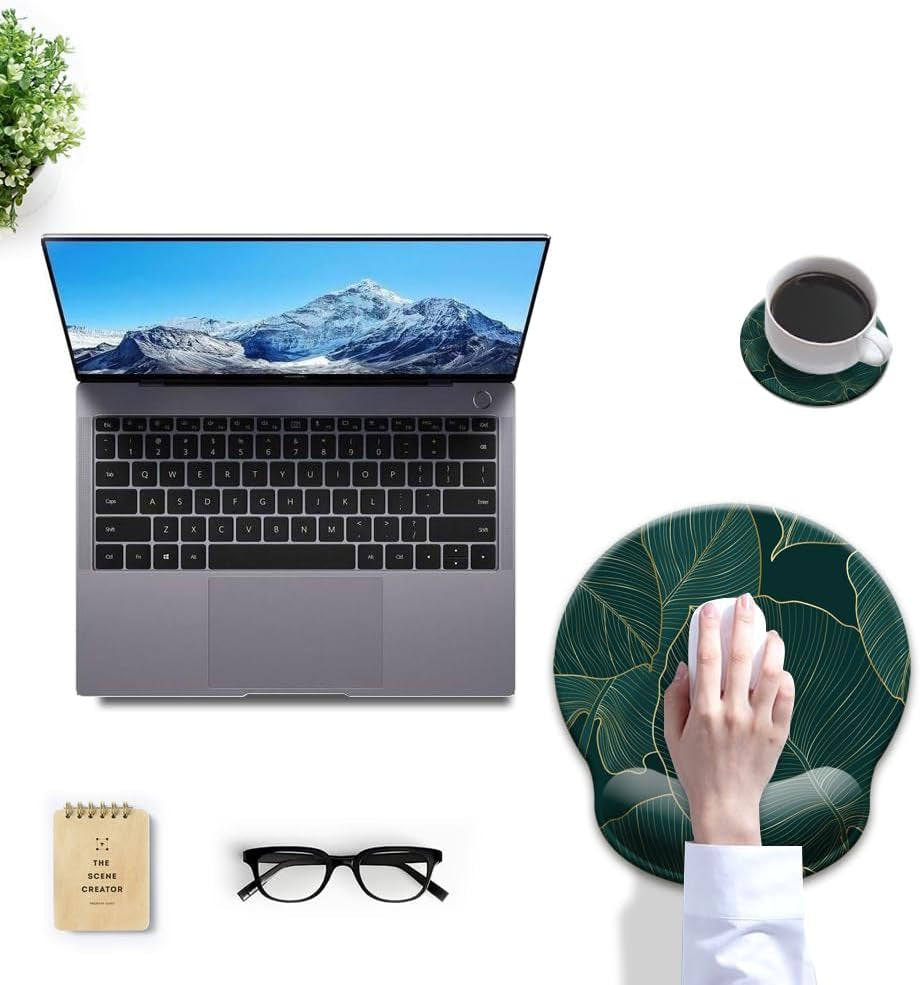 Ergonomic Mouse Pad with Wrist Support Gel Mouse Pad with Wrist Rest, Comfortable Computer Mouse Pad for Laptop, Pain Relief Mousepad with Non-Slip Rubber Base,Green Leaves