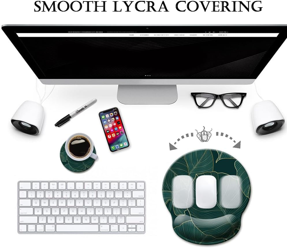 Ergonomic Mouse Pad with Wrist Support Gel Mouse Pad with Wrist Rest, Comfortable Computer Mouse Pad for Laptop, Pain Relief Mousepad with Non-Slip Rubber Base,Green Leaves